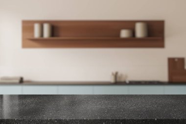 Minimalist ev mutfağının iç kısmının bulanık arka planında taş granit masa, pişirme alanı ve ahşap raf. Ürün gösterimi için kopyalama alanı oluşturun. 3B görüntüleme