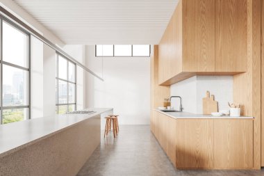 Beyaz ve ahşap mutfak iç kısmı uzun taş tezgah ve tabureyle. Dolap, mutfak gereçleri, Bangkok gökdelenlerinde panoramik pencere. 3B görüntüleme