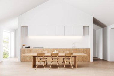 Ahşap sandalyeler, yemek masası, ahşap döşeme. Beyaz yemek pişirme, yeme alanı ve tropik bölgelerde panoramik pencere. 3B görüntüleme