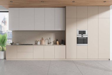 Lüks mutfak mutfak iç mutfak dolabı, mutfak gereçleri, beton döşeme. Raflar, bitki ve fırın monte edildi. Bangkok gökdelenlerinin panoramik penceresi. 3B görüntüleme