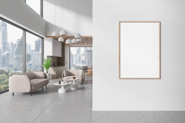 Kanepesi ve dekorasyonlu kahve masası olan modern bir stüdyo. Dolabında soğutma ve pişirme alanı, Bangkok gökdelenlerinde panoramik pencere. Bölümde boş bir poster var. 3B görüntüleme