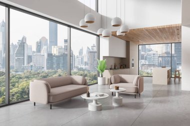 Düz stüdyo manzarası kanepe, koltuk, beton döşeme. Bar adasıyla yemek ve yemek odası mutfak gereçleriyle dolap. Bangkok 'ta panoramik pencere. 3B görüntüleme