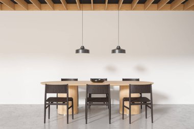 Beyaz duvarları, beton zemini ve siyah sandalyeli uzun ahşap masası olan şık minimalist yemek odasının içi. 3d oluşturma