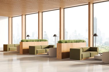 Modern ofis bekleme odasının içinde ahşap duvarlar, beton zemin, rahat yeşil koltuklar ve sehpaların yanında duran beyaz koltuklar. 3d oluşturma