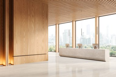 Ofis resepsiyonunun iç lobisinin köşesinde taş masa ve bilgisayarlar, Bangkok gökdelenlerinin panoramik penceresi. Modern kayıt ve otel giriş yeri. 3B görüntüleme