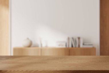 Ahşap ürün sergi masası şık, bulanık oturma odasında beyaz duvarları, vazoları ve kitapları olan ahşap bir şifonyeri var. 3d oluşturma