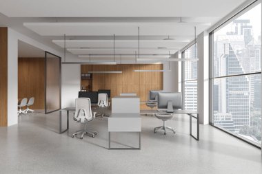 Beyaz ve ahşap ofis masası, masa ve sandalyeler, cam konferans odası. Belgeler ve dekorasyonla rafta. Bangkok gökdelenlerinin panoramik penceresi. 3B görüntüleme