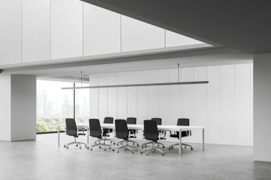 Beyaz konferans iç mekan, koltuk ve pano, yan görüş gri beton zemin. Minimalist toplantı köşesi ve Bangkok gökdelenlerinin panoramik penceresi. 3B görüntüleme