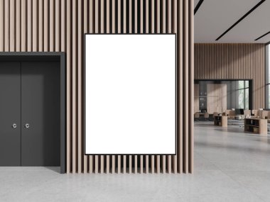 Ahşap duvarları, beton zemini, açık uzay ofisi ve büyük kapının yanında asılı dikey maket posteri olan modern ofis binası. 3d oluşturma