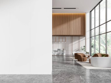 Lüks ofis lobisi içinde bilgisayar bulunan mermer resepsiyon masası. Bekleme ya da danışma yeri, koltuklar ve koltuklar, tropiklerde panoramik pencere. Uzay duvarını kopyala. 3B görüntüleme