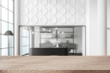 İş ürünleri sergisi için boş ahşap masayı hazırla. Beyaz ofis, resepsiyon masası ve işyeri. Gökdelenlerin panoramik penceresi. 3B görüntüleme