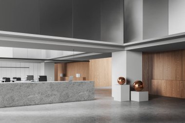 Resepsiyon masası ve dizüstü bilgisayarla ofis odası manzarası, mobilyalarla birlikte çalışma alanı. Salonda minimalist sanat dekorasyonu. 3B görüntüleme