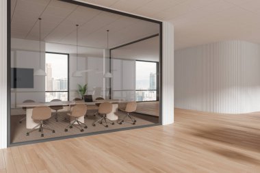 Beyaz ve cam duvarlı modern konferans odasının köşesi, ahşap zemin, duvarında sandalyeler ve televizyon asılı uzun konferans masası. 3d oluşturma