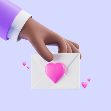 Mor arka planda sevgililer günü kartı tutan Afrikalı bir adamın karikatürü. Sevgililer Günü kutlaması ve aşk kavramı. 3d oluşturma