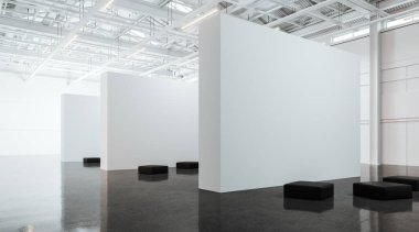 Büyük bir açık uzay deposu galerisi. Yan manzaralı boş duvarlar. Konukların izlemesi ya da dinlenmesi için yumuşak yerler. Performans ya da sergi için çatı katı. 3B görüntüleme