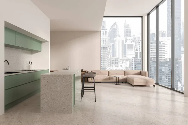 Elegante Apartamento Estúdio Interior Com Sofá Piso Concreto Leve Cozinhar — Fotografia de Stock