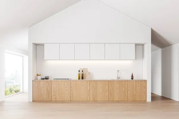 Interior Stylish Kitchen White Walls Wooden Floor White Cupboards Comfortable — Stock Photo, Image