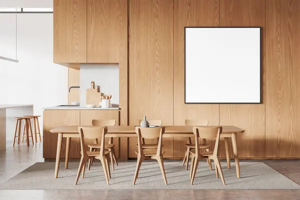 Lüks ahşap mutfak masası, sandalyeler, tabureli bar adası. Dolap ve mutfak gereçleriyle yemek pişirme yeri. Tuvalin kare şeklindeki posteri. 3B görüntüleme