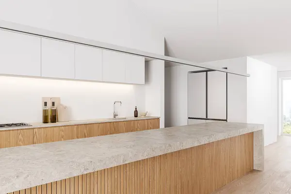 Vista Esquina Del Interior Cocina Casa Moderna Con Isla Barra —  Fotos de Stock
