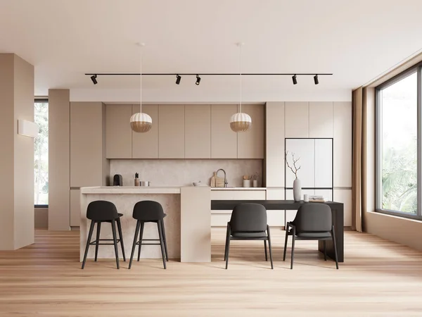 Luxury home kitchen interior with bar counter and dining table, panoramic window on tropics. Cooking and eating space with cabinet and refrigerator. 3D rendering