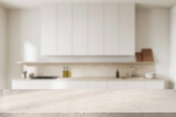 明亮的石桌背景模糊舒适的白色厨房内部 家庭烹饪空间与水槽和炉灶 调整产品显示的复制空间 3D渲染 — 图库照片