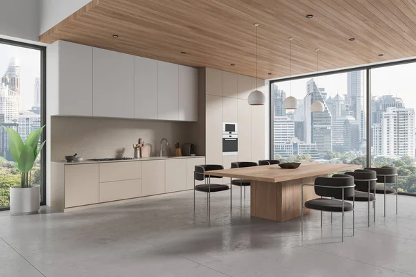 Eckansicht Der Wohnküche Mit Esstisch Und Stühlen Fliesenboden Luxus Kochschrank — Stockfoto