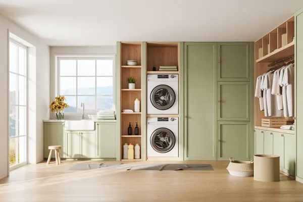 Interieur Der Modernen Waschküche Mit Weißen Wänden Holzboden Grünem Kleiderschrank — Stockfoto