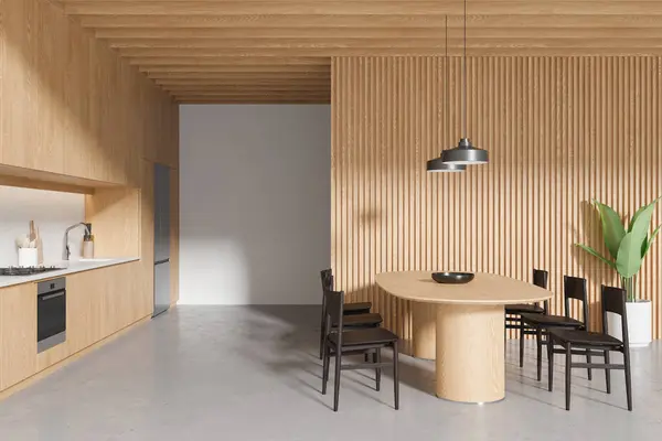 Ahşap Mutfağı Yemek Masası Sandalyeler Parlak Beton Zemin Modern Dolap — Stok fotoğraf