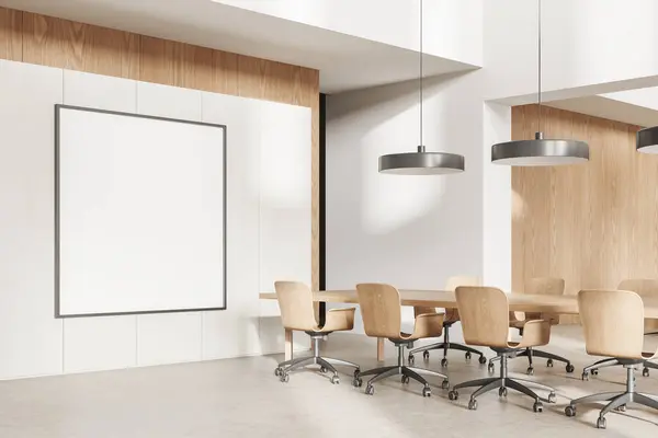 Corner view of conference interior with wooden chairs and table, light concrete floor. Negotiation space with minimalist furniture, mockup square canvas poster. 3D rendering