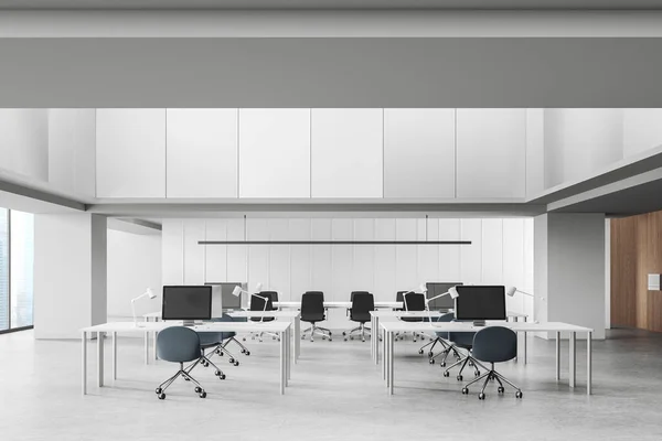 White open space office interior with coworking zone, pc computers on table in row. Conference board and armchairs, panoramic window on skyscrapers. 3D rendering