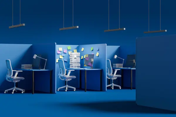 View of blue office cubicles with computer desks and office chairs over blue background. Concept of office workplace and business lifestyle. 3d rendering