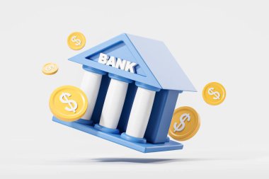 Sütunları olan mavi karikatür bankası, arka planda uçuşan altın paralar. Para yatırımı, depozito ve kredi kavramı. 3B resimleme