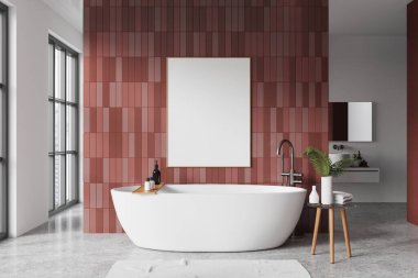 Beyaz ve kırmızı duvarları olan modern banyonun içi, beton zemin, fayanslı duvarın yanında duran rahat beyaz küvet ve arka planda ayna olan rahat beyaz lavabo. Posteri düzenle. 3d oluşturma