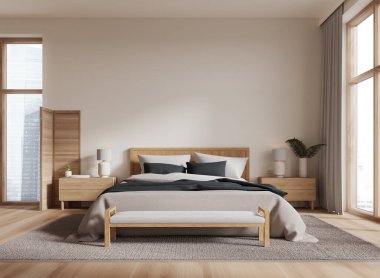 Bej otel odasının iç yatağı ahşap komodinli, dekorasyonlu, ahşap döşemeli. Soyunma kabini ve panoramik pencereli rahat bir oda. Boşluk duvarını kopyala. 3B görüntüleme