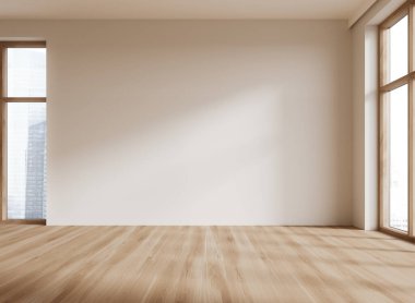 Bej ve ahşap, içi boş yatak odası parke zemin, Singapur gökdelenlerinde panoramik pencere. Oturma ya da dinlenme odası tasarımı. Mobilya yok, insan yok. 3B görüntüleme