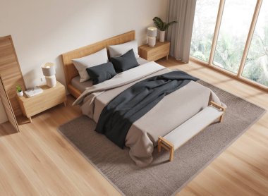 Modern otelin yatak odası manzarası, yatağı, dekorasyonu ve ahşap zemininde halısı olan komodini. Tropik bölgelerde panoramik pencerelerle rahatlamak. 3B görüntüleme