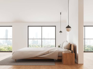 Beyaz yatak odası, yatak odası, dekorasyon ve duvar bölmesi olan komodin. Bangkok gökdelenlerinde panoramik pencereli rahatlama alanı. 3B görüntüleme