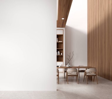 Şık bir oturma odası, masa ve bej sandalyeler, açık beton zemin. Raflı ahşap toplantı odası ve dekorasyonlu kitaplık. Uzay duvarını kopyala. 3B görüntüleme