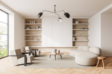 Beyaz duvarları, ahşap zemini, gri koltukları ve sehpanın yanında duran iki kitaplığı olan modern oturma odasının içi. 3d oluşturma