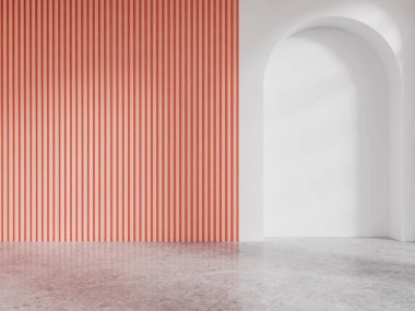 Oturma odasının içi gri beton zeminli, kemerli, fotokopi alanı gibi. Renkli boş duvarları olan modern apartman tasarımı. Mobilya yok, insan yok. 3B görüntüleme