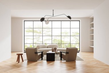 Beyaz ev oturma odasının içinde kanepe ve iki koltuk, süslemeli raf ve tropiklerde panoramik pencere. Minimalist mobilyalarla rahatlama alanı. 3B görüntüleme