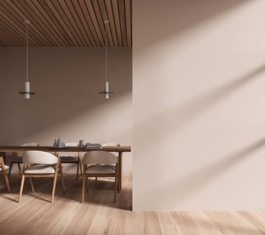Modern ev rahatlama odası koltuklar ve ahşap masa, minimalist mobilyalarla toplantı ya da yemek alanı. Kopya alanı boş bej duvar. 3B görüntüleme
