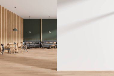 İçinde sandalyeler ve tabakları olan yuvarlak bir masa olan modern bir restoran, ahşap zeminde sıralanmış bir kanepe. Modern mobilyalı minimalist kafe yeme alanı. Boşluğu kopyalama bölümü boş. 3B görüntüleme