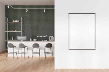 Bar tezgahı ve ahşap taburesi olan modern bir kafe. Kasası, tezgahı ve yeme alanı olan bir restoran. Disk bölümündeki boş afişi kopyala. 3B görüntüleme