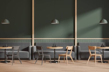 İçinde sandalyeler olan modern yeşil kafeterya tabakları olan yuvarlak masa, ahşap zeminde sıra sıra dizilmiş kanepe. Modern mobilyalı minimalist kafe yeme alanı. 3B görüntüleme