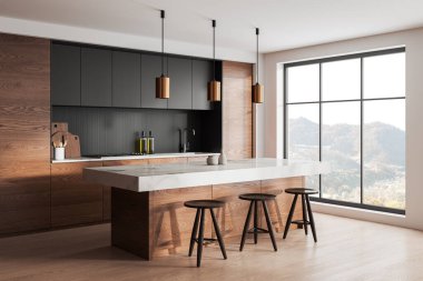 Bar adası, tabure ve ahşap döşemeli ev mutfağı manzarası. Mutfak gereçleri ve panoramik pencereli mutfak dolabı. 3B görüntüleme