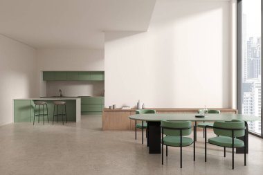 Bar tezgahı ve yemek masası olan modern ev mutfağı, Bangkok gökdelenlerinin panoramik penceresi. Minimalist mobilyalarla yemek pişirme ve yeme alanı. Boş fotokopi duvarı. 3B görüntüleme