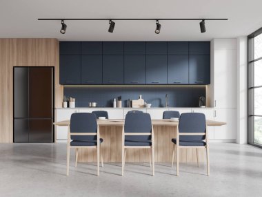 Mavi ve ahşap mutfak iç kısmı yemek masası ve sandalyelerle. Buzdolabı ve tropiklerde panoramik pencereli şık yemek ve pişirme alanları. 3B görüntüleme