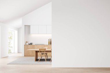 Ahşap sandalyeler ve yemek masasıyla ev yapımı rahat bir mutfak. Lüks yemek pişirme, yeme alanı ve tropik bölgelerde panoramik pencere. Uzay duvarını kopyala. 3B görüntüleme