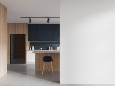 Bar adası ve taburesi olan lüks bir ev mutfağı. Buzdolabı olan mavi-beyaz yemek dolabı. Boş beyaz duvar bölmesini düzenle. 3B görüntüleme